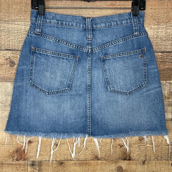 Madewell Rigid Denim A-Line Raw Hem Mini Skirt Leandra Wash Blue Jean Size 26 - Picture 6 of 9